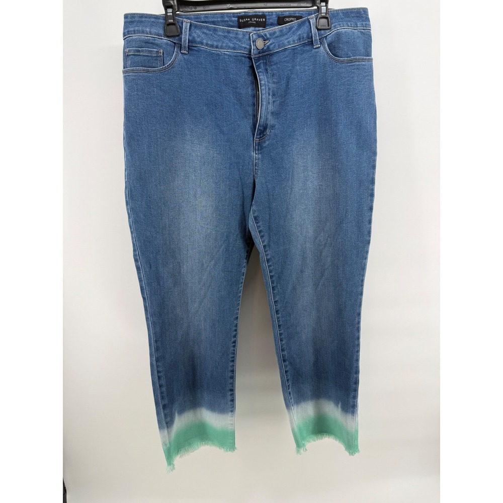 Susan Graver Jeans Womens 18W Cropped Dip Dye Ombre Frayed Hem Blue Mint Green